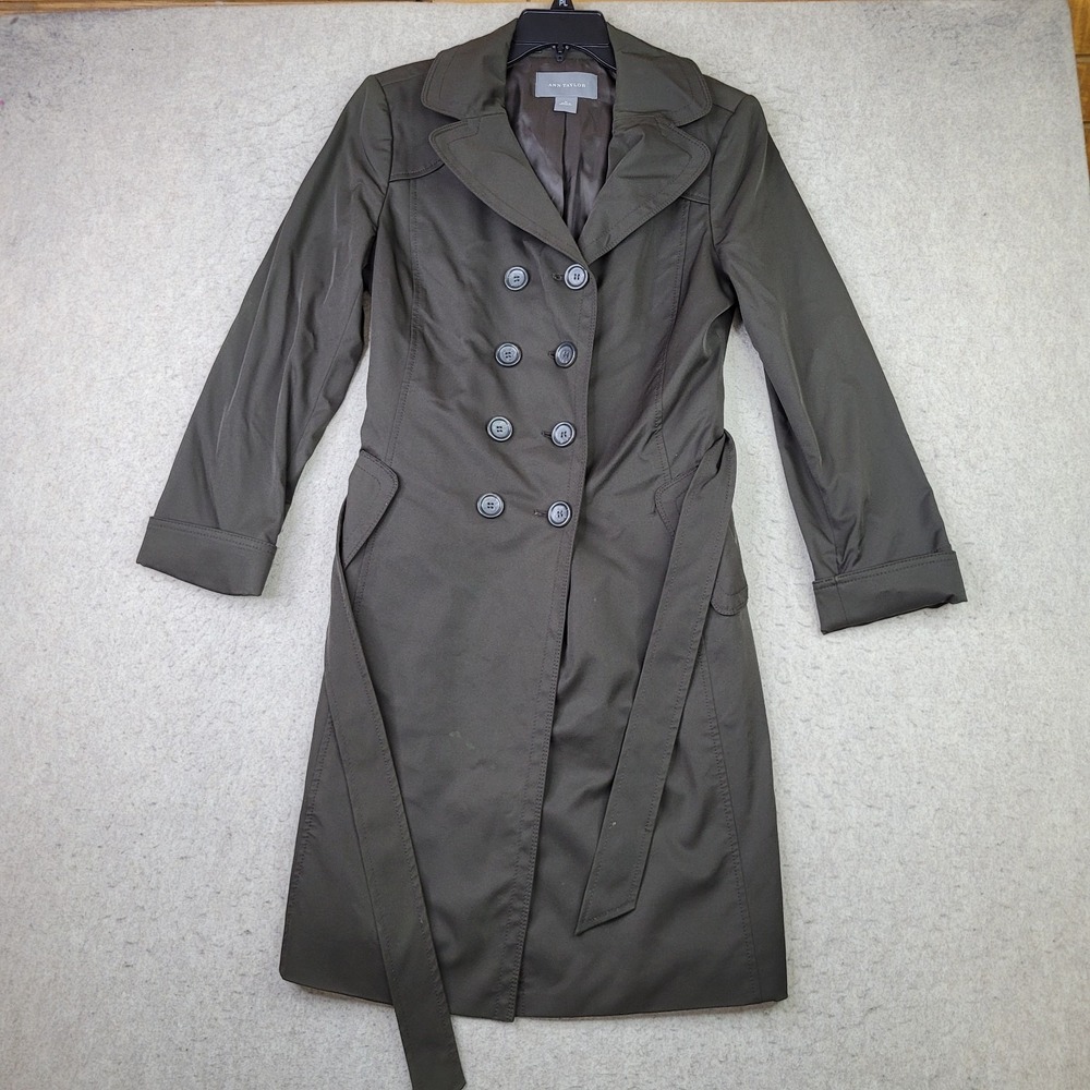 Vintage Women Olive Green Trench Coat Belted‎ Double Breasted Medium